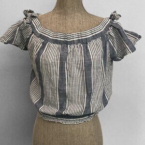 Chocolate Blue Stripe Off the Shoulder Crop Cap Sleeve Boho Top Large​​​​​​​​